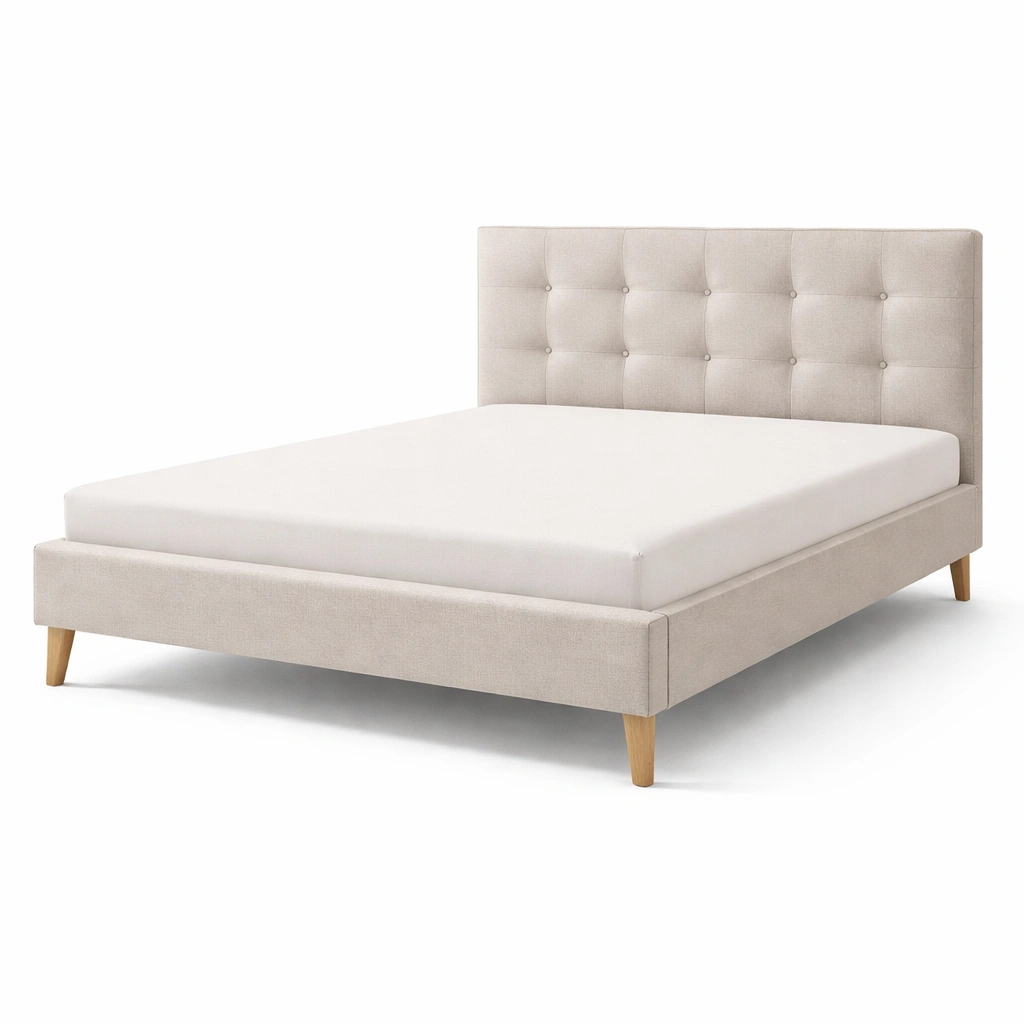 Cama tapizada beige con cabecero acolchado y patas de madera-cozanoe